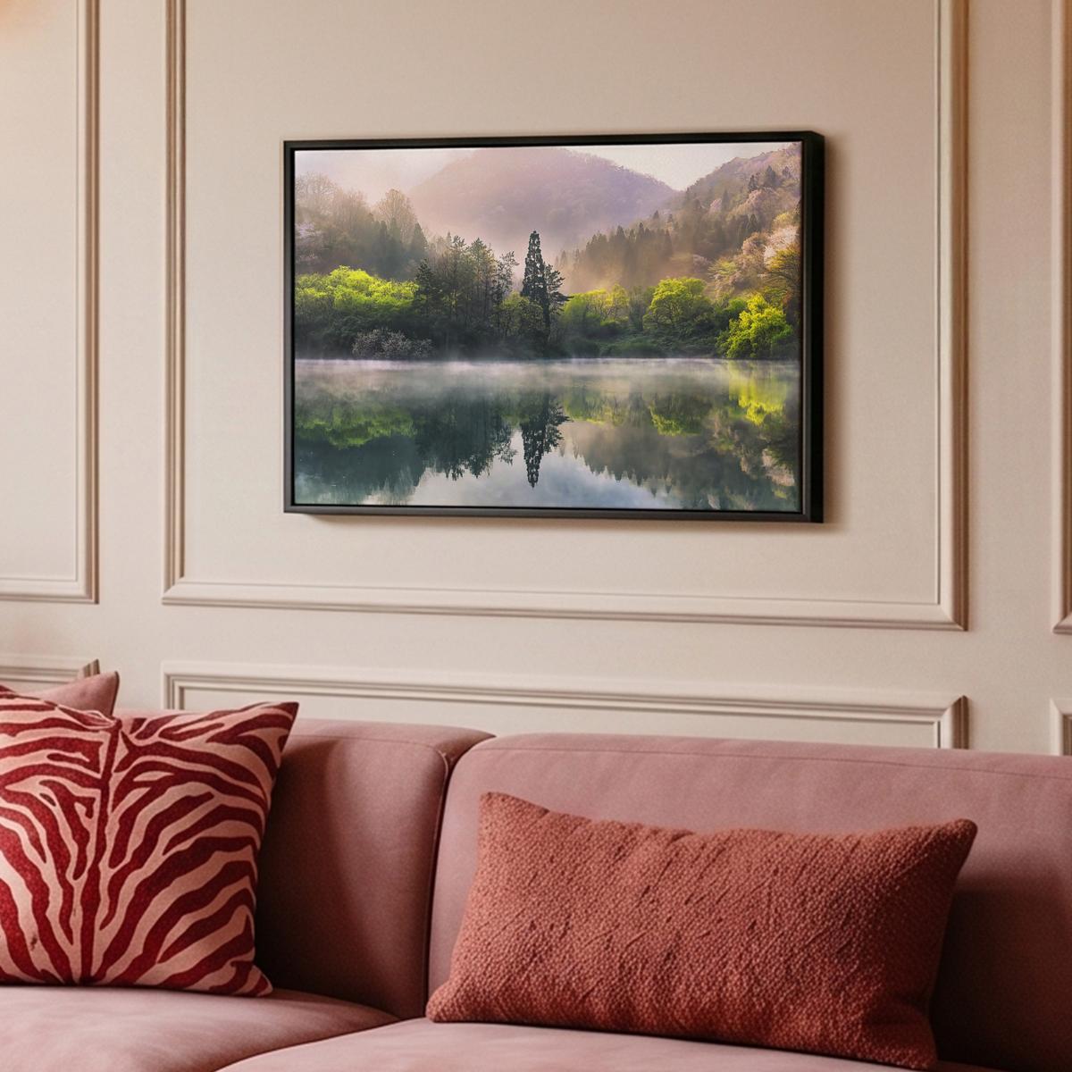 LEINWAND Bilder mit Rahmen - Natur - Bäume - Berge - See - Wasser - 60x40 - Hellgrün, Textil (60/40cm) - MuchoWow