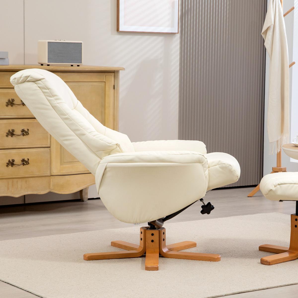 RELAXSESSEL mit Hocker, Fernsehsessel mit Liegefunktion, Wippfunktion, Schwarz - Gelb/Creme, Leder/Holz (84/102/71cm) - HOMCOM
