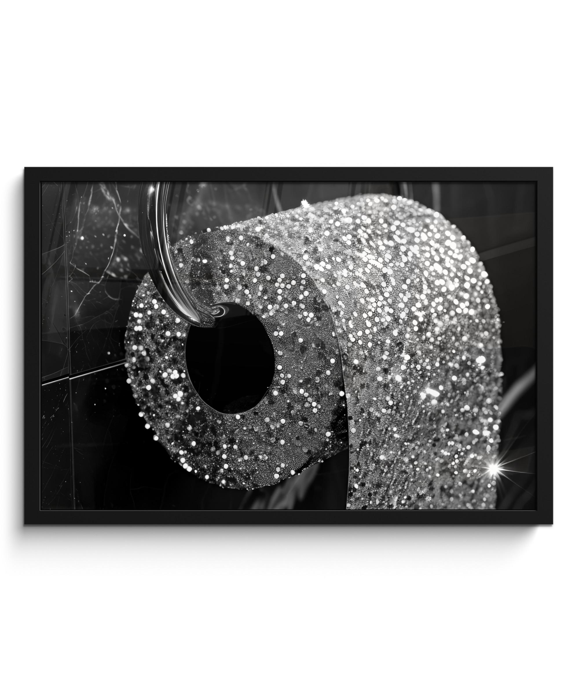 POSTER MIT RAHMEN WC - Toilettenpapier - Schwarz und weiß - Glitter 60x40 cm - Silberfarben, Papier (60/40cm) - MuchoWow