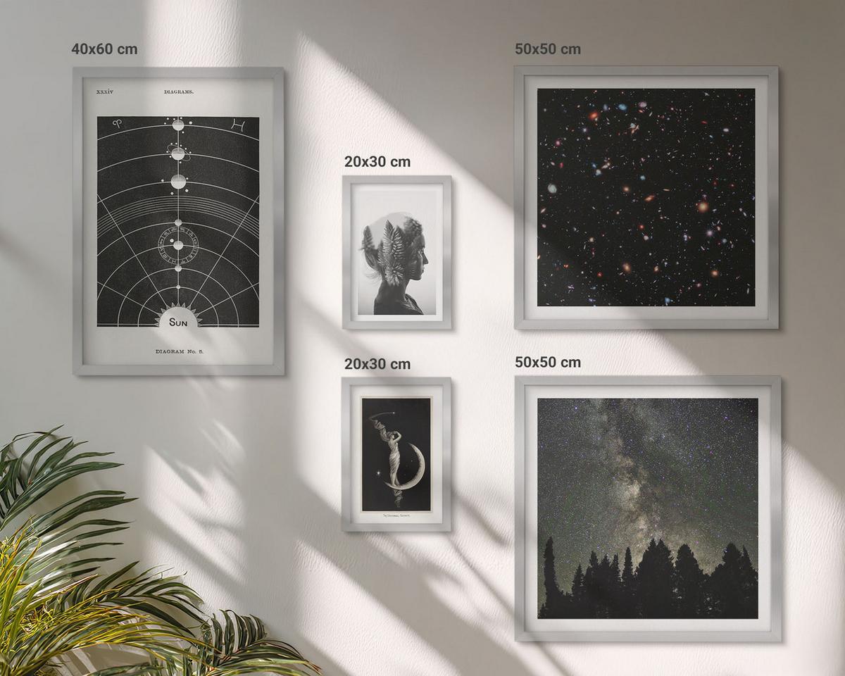 BILDER SET 5er Set - 50x50 cm & 20x30 cm & 40x60 cm Silberner Rahmen - Galaxie im Sonnensystem - Silberfarben, Kunststoff (40/60cm) - TULUP