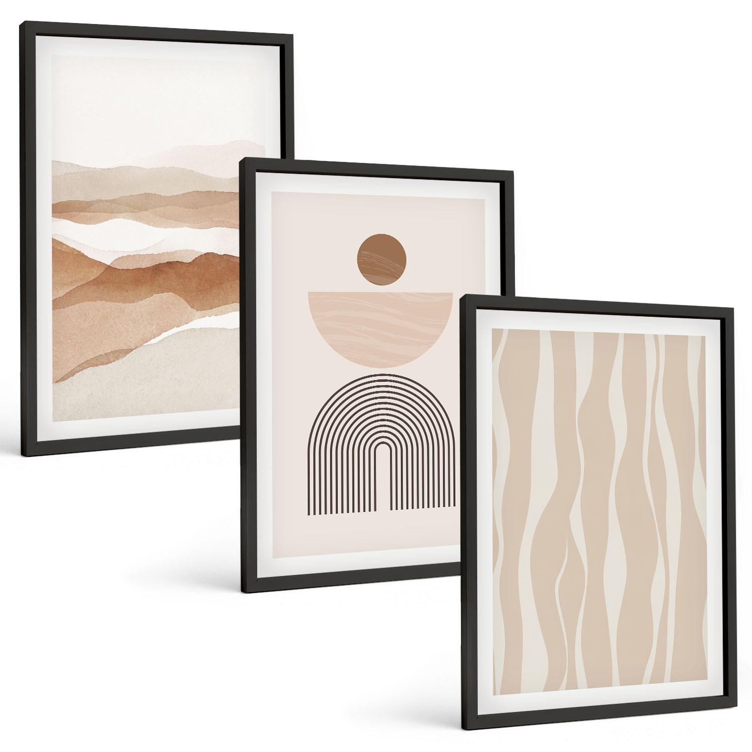 BILDER SET 3er Set - 40x60 cm Schwarzer Rahmen - Abstrakte Landschafts- und Naturgeometrie - Schwarz, Kunststoff (40/60cm) - TULUP