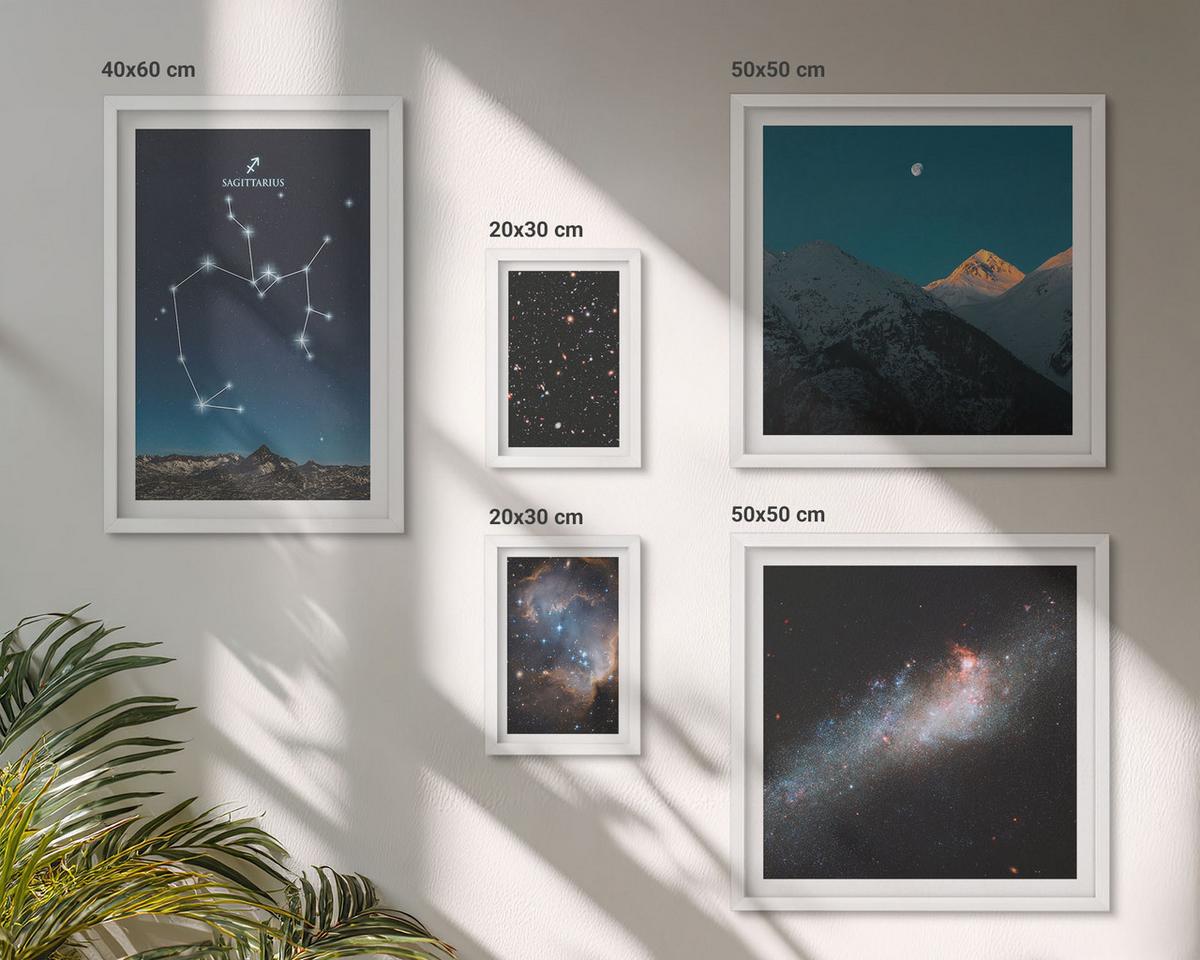 BILDER SET 5er Set - 50x50 cm & 20x30 cm & 40x60 cm Weißer Rahmen - Galaxien, Sternbilder, Weltraum, Schütze - Weiß, Kunststoff (40/60cm) - TULUP