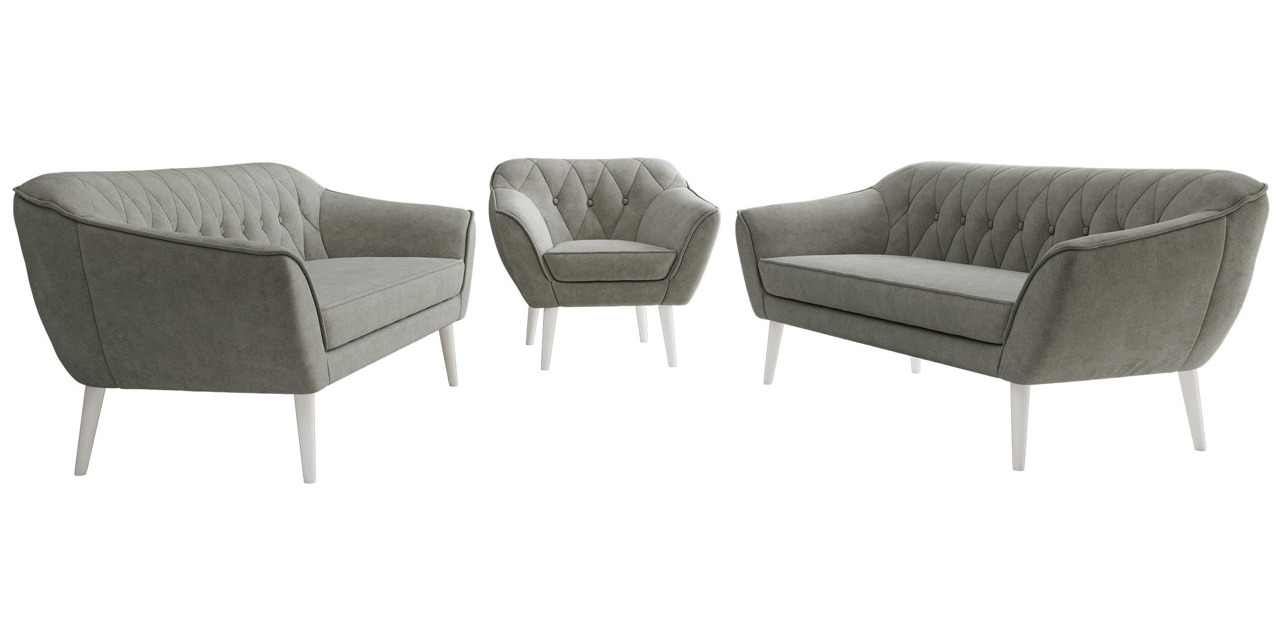 SITZGARNITUR PIRS 3+3+1 - Grau Strukture - Weiße Beine - Platinfarben/Weiß, Holzwerkstoff/Textil (180/75/74cm) - MKS