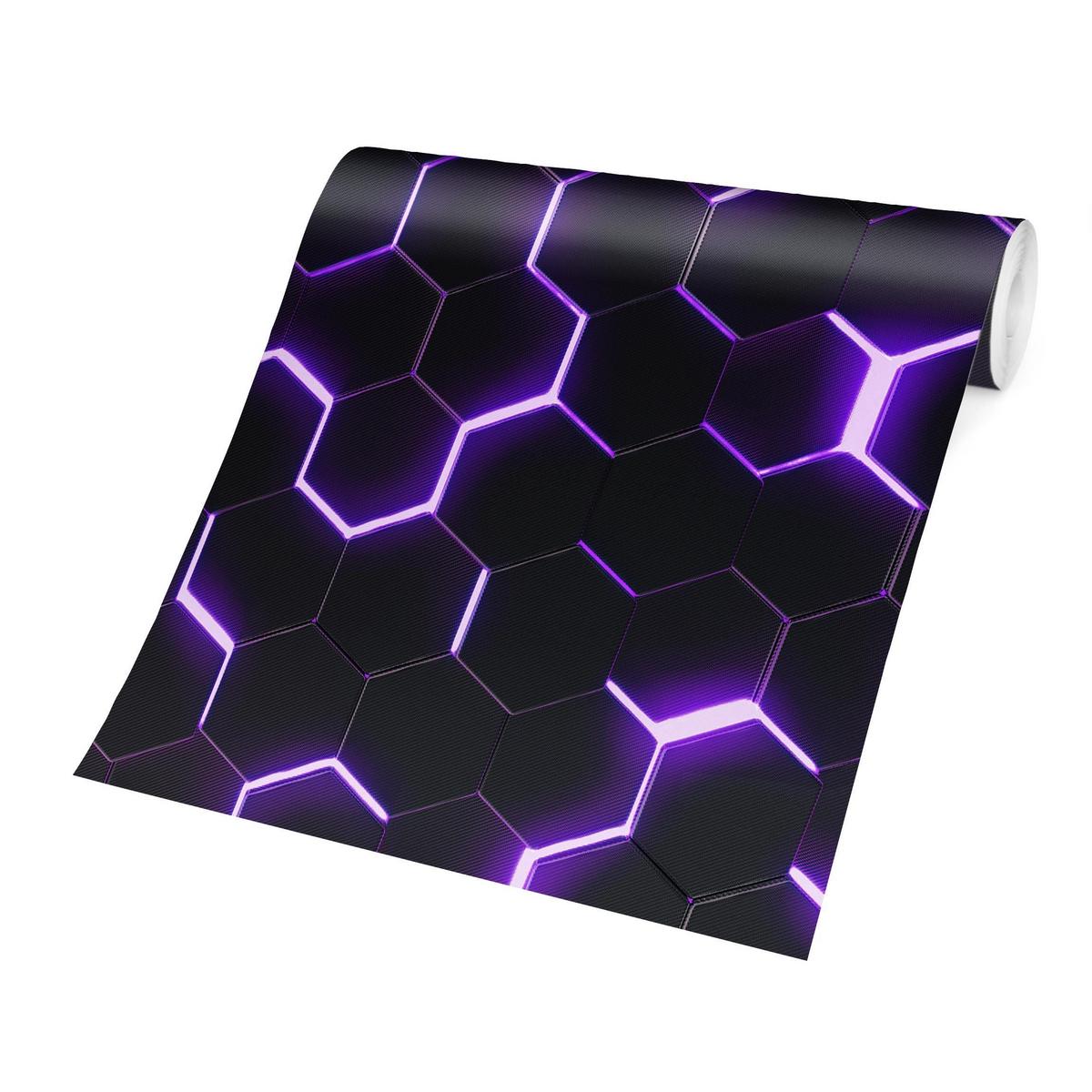 FOTOTAPETE Strukturierte Hexagone mit Neonlicht in Lila 240/240 cm - Schwarz, Papier (240/240cm) - Bilderwelten