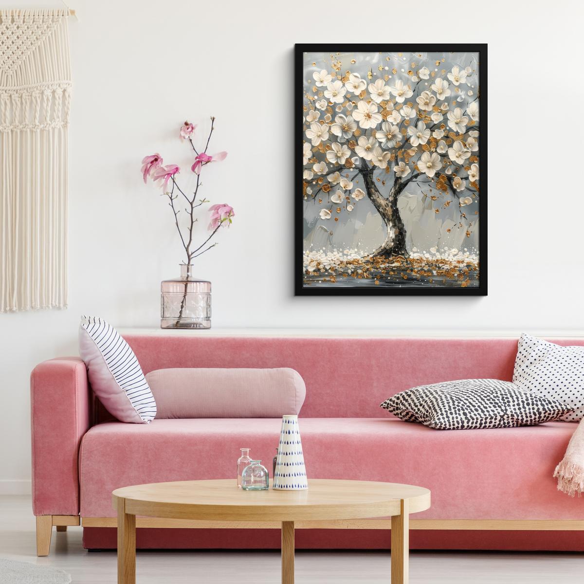 POSTER MIT RAHMEN Baum - Blumen - Weiß - Natur - Kunst Posterleiste 60x80 cm - Weiß, Papier (60/80cm) - MuchoWow