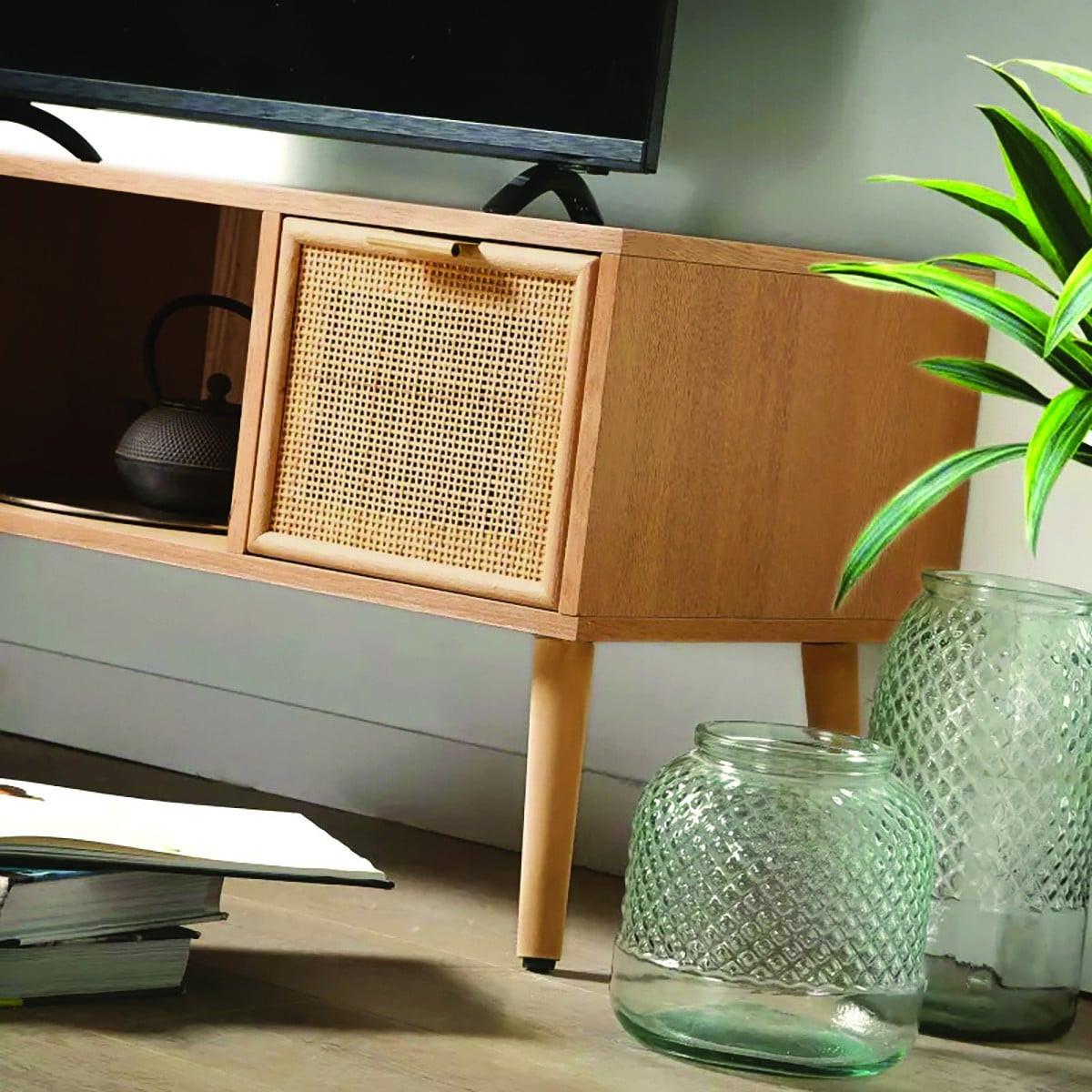 TV-MÖBEL mit 2 Schubladen Vorderseite aus Rattan - L100 cm - Eschefarben, Holzwerkstoff (42/45/45cm) - Calicosy