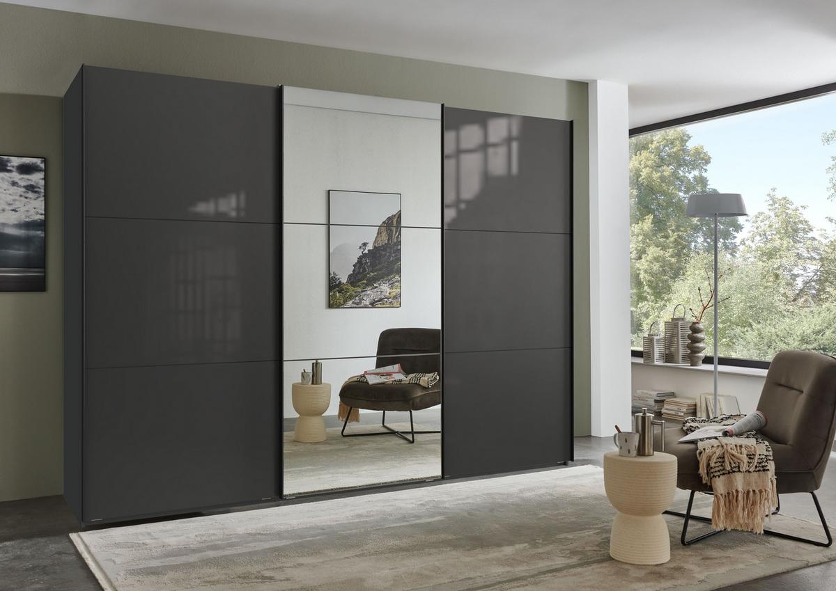 SCHWEBETÜRENSCHRANK 3-türig B300/H216/T65 cm in Anthrazit mit Glasfront, eine Spiegeltür, Kleiderschrank inkl. Vollausstattung / 22041 - Eichefarben/Anthrazit, Holzwerkstoff/Metall (300/216/65cm) - luma-home
