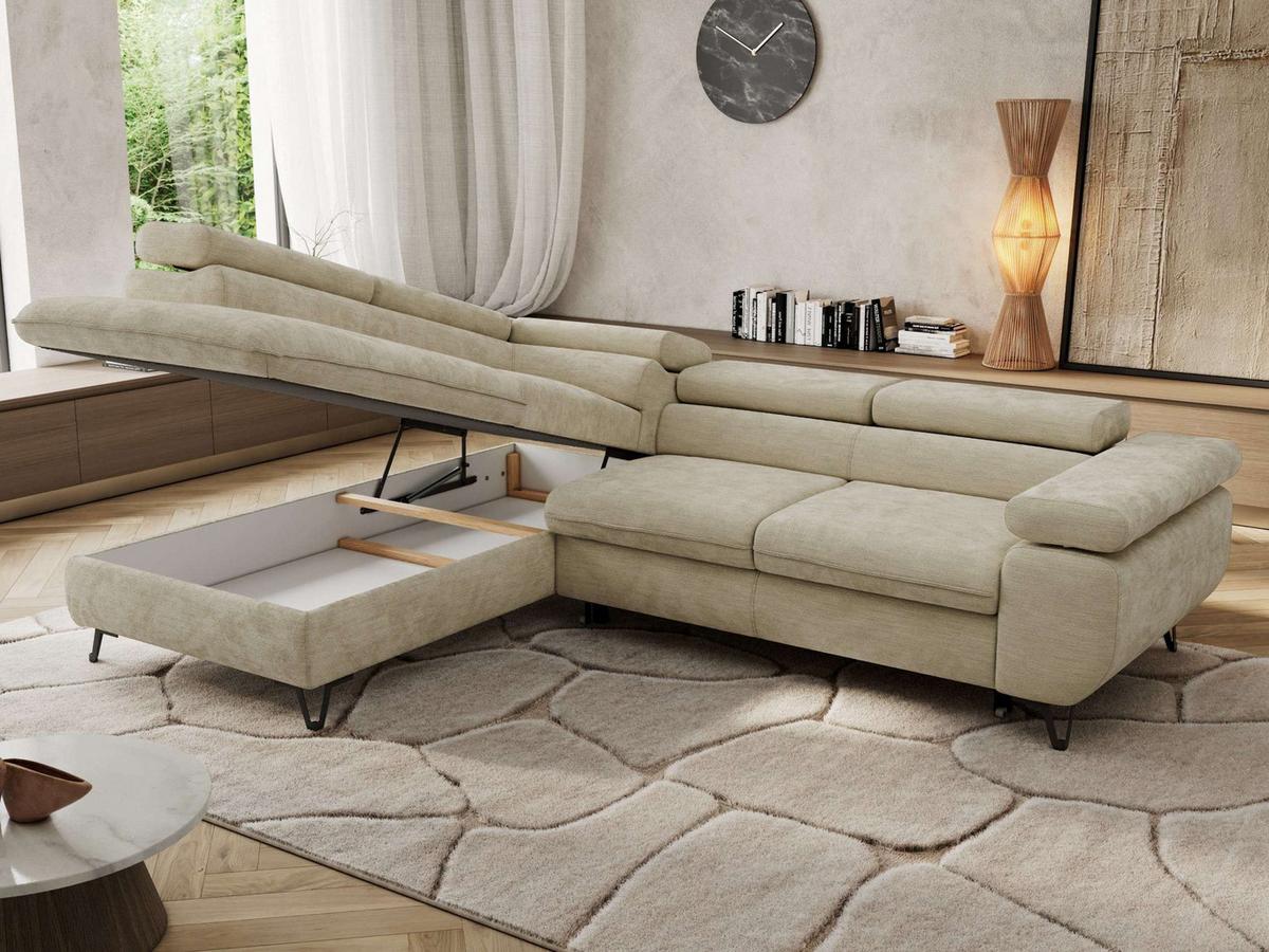 ECKSOFA PABLO L Beige Schenille glatt - Links Seite mit T25 Topper - Beige/Schwarz, Textil/Metall (208/273cm) - MKS
