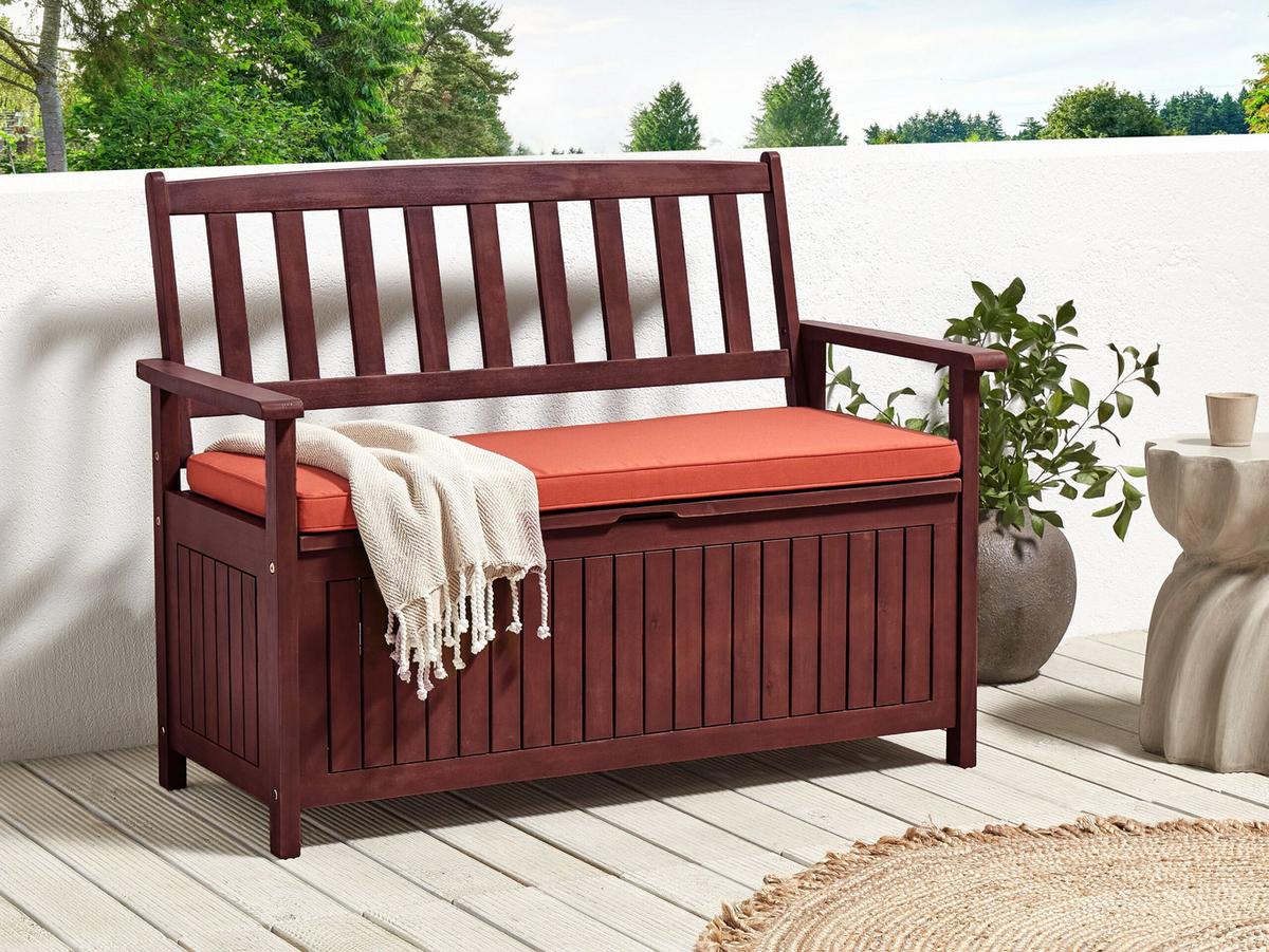 GARTENBANK Akazienholz mahagonibraun mit Stauraum Auflage terracotta 120 Sovana - Rotbraun, Holz (120/91/60cm) - Beliani