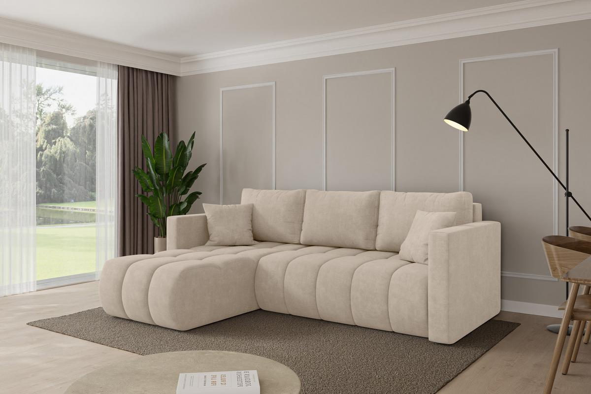 ECKSOFA mit Schlaffunktion Ottomane Links GARD-L 226x146x85 Beige Velours - Schwarz/Sahara, Holzwerkstoff/Kunststoff (226/146cm) - ALTDECOR