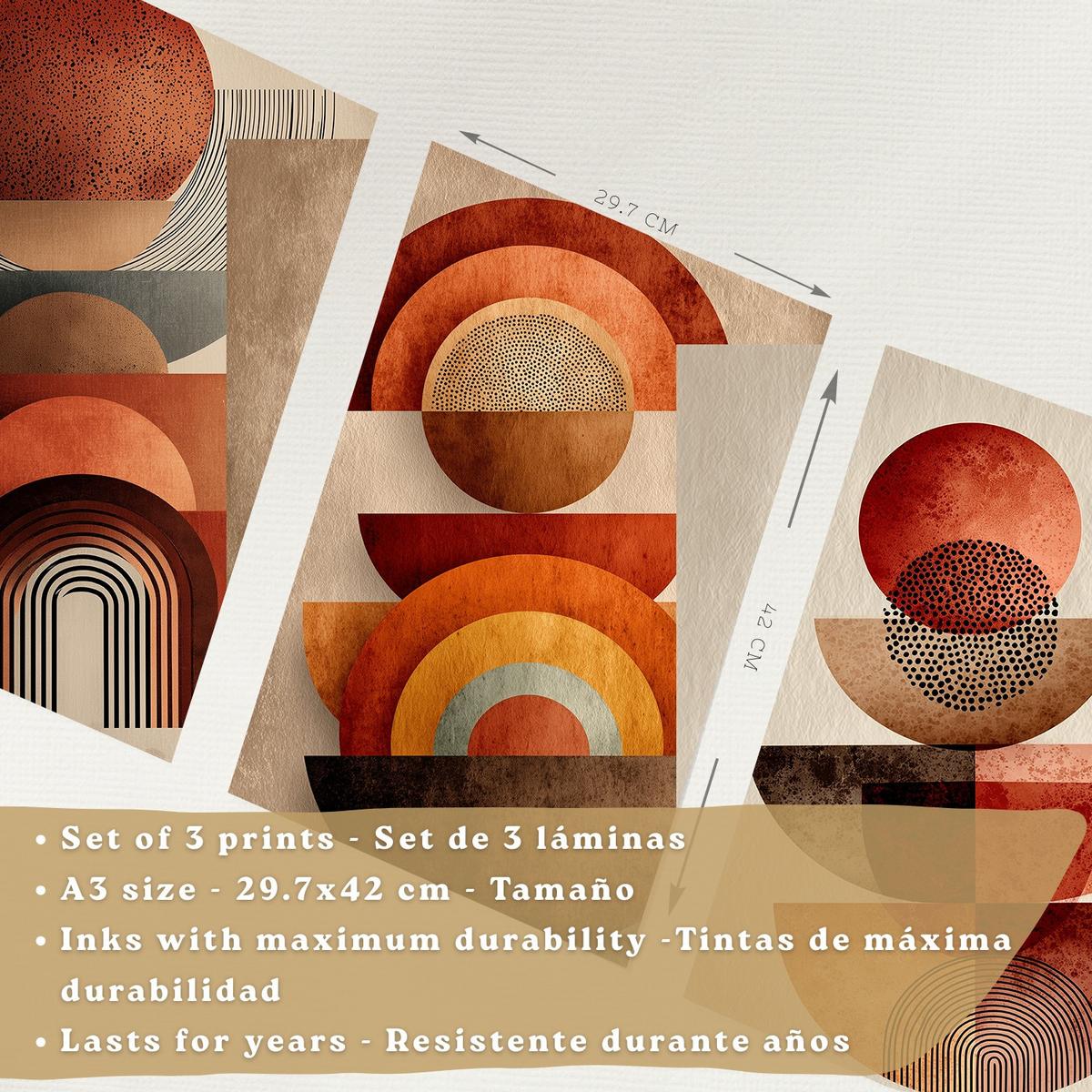 POSTER 3er Kunstdruck-Set Wandbilder Abstrakte Formen Rot Orange modern Wohnzimmer Deko, Schlafzimmer, Küche, Badezimmer Leichter Holzrahmen A3 - Beige, Papier (29.7/1/42cm) - Nacnic