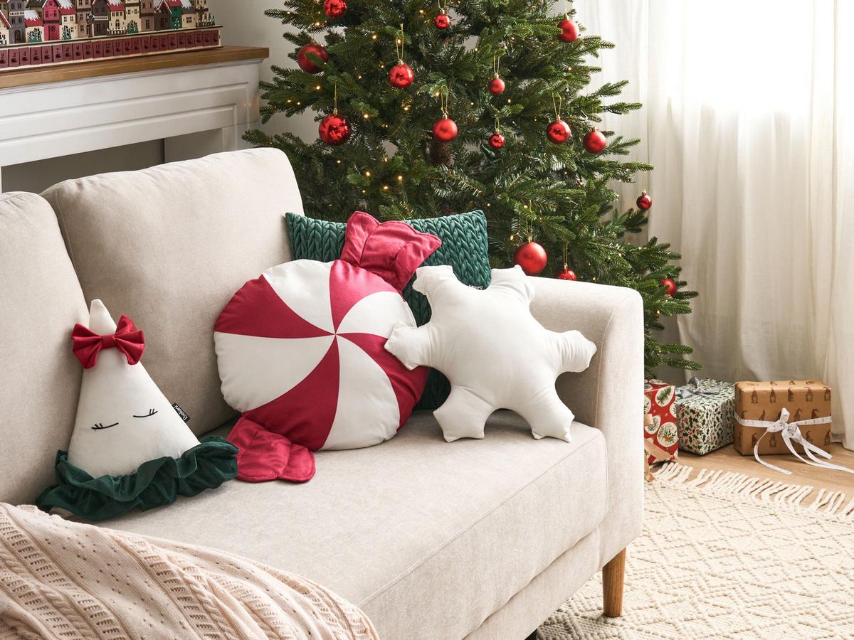 DEKOKISSEN 3er-Set Weiß 30/35 cm Noelnest - Rot/Weiß, Textil (40/40cm) - Beliani