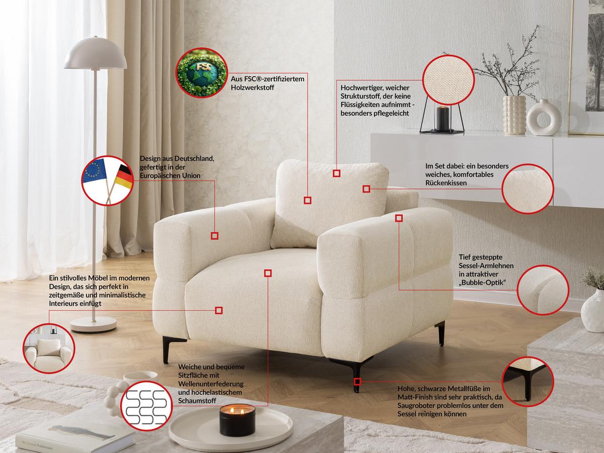 SESSEL Cardea in Bubble-Optik aus weichem Hellbeige Strukturstoff mit hohem Sitzkomfort - Beige/Schwarz, Holz/Textil (102/80/97cm) - S-Style Möbel