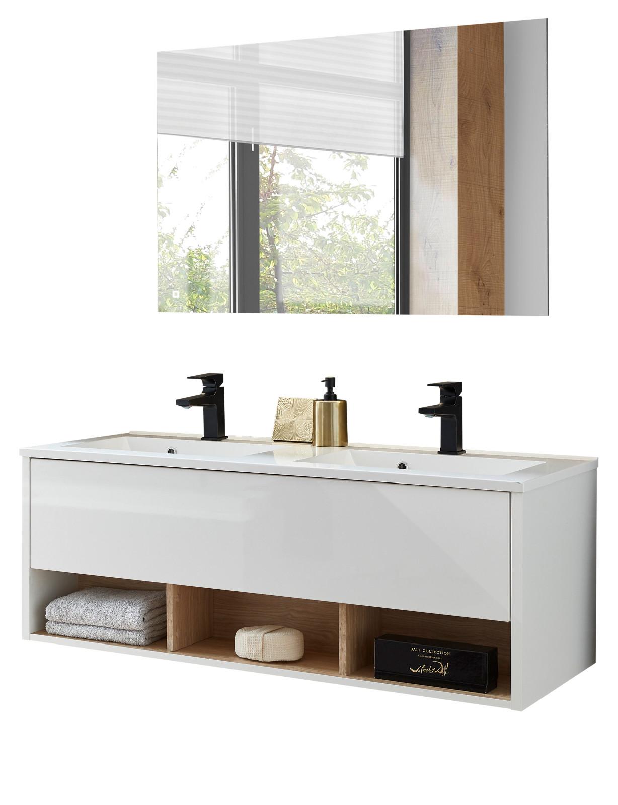 BADMÖBEL-SET 2-teilig weiß Hochglanz, Eiche, Set mit Doppelwaschbecken, LED Beleuchtung - Weiß Hochglanz, Glas/Holzwerkstoff (120/190/47cm) - Furn.Design