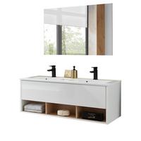 BADMÖBEL-SET 2-teilig weiß Hochglanz, Eiche, Set mit Doppelwaschbecken, LED Beleuchtung - Weiß Hochglanz, Glas/Holzwerkstoff (120/190/47cm) - Furn.Design