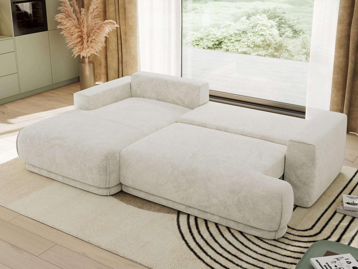 ECKSCHLAFSOFA RINA L Creme Schenille grob gewebt - links - Creme/Schwarz, Kunststoff/Textil (267/170cm) - MKS