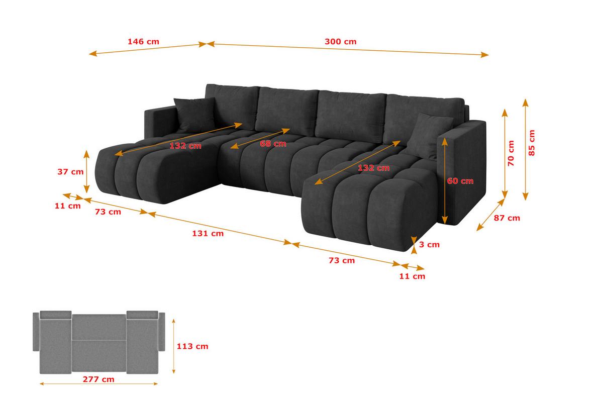 WOHNLANDSCHAFT mit Schlaffunktion und Bettkasten GARD-U 300x146x85 Dunkelgrau Velours - Anthrazit/Schwarz, Holzwerkstoff/Kunststoff (300/85/146cm) - ALTDECOR