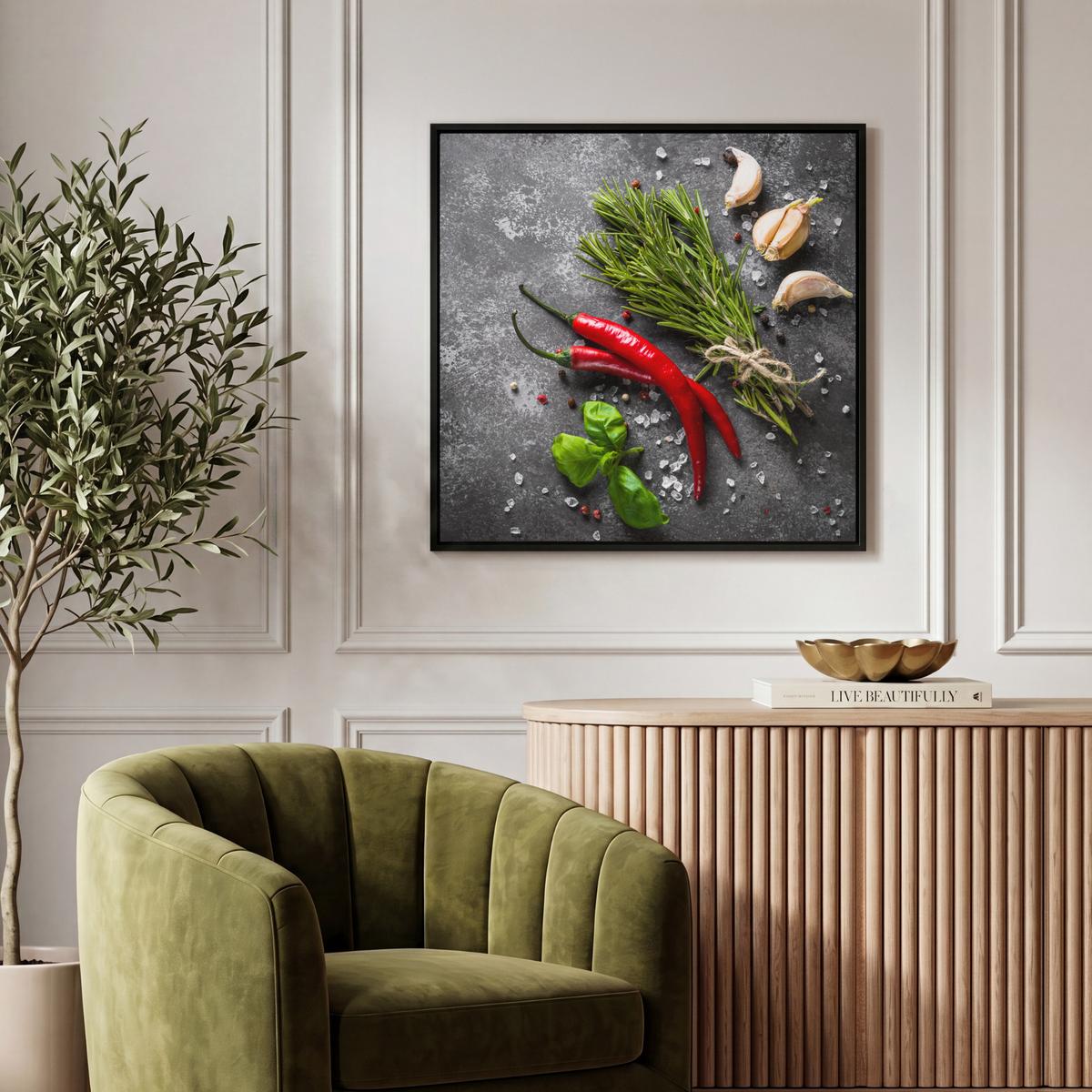 LEINWAND Bilder mit Rahmen - Pfeffer - Kräuter - Gewürze - Beton - 50x50 - Dunkelgrau, Textil (50/50cm) - MuchoWow