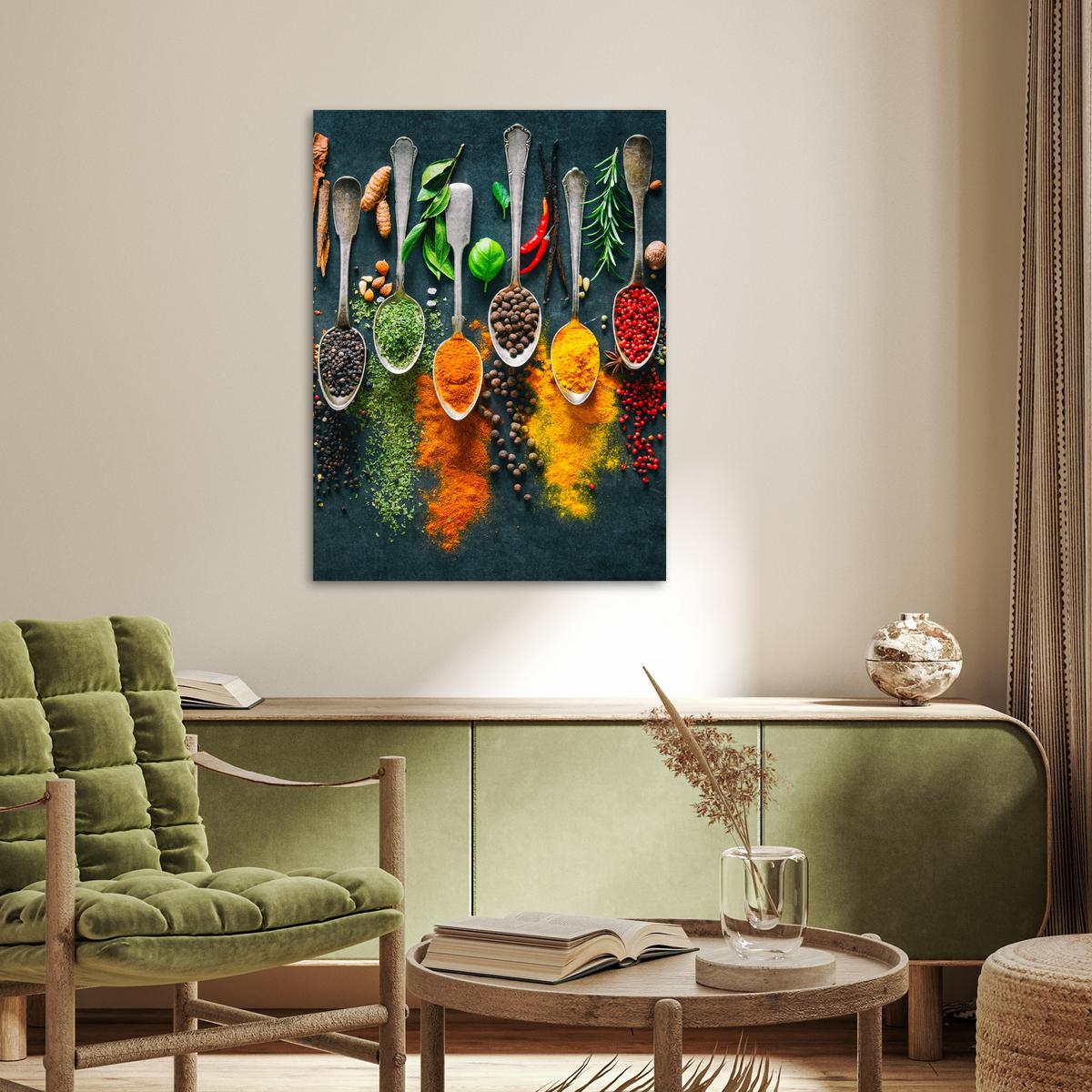 POSTER Kräuter - Gewürze - Löffel 60x80 cm - Currygelb, Papier (60/80/0.1cm) - MuchoWow