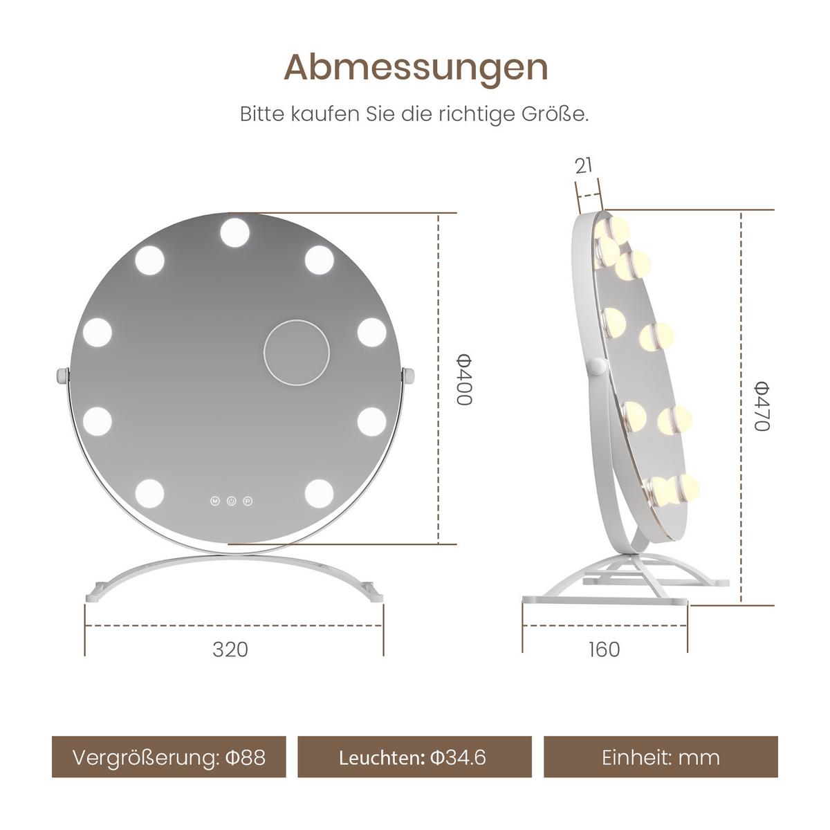 SCHMINKSPIEGEL Runder mit Beleuchtung, Weiß, ф40 cm - Weiß, Glas (40/16/40cm) - EMKE