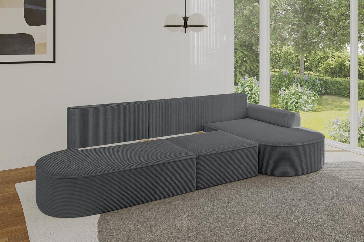 ECKSOFA mit Schlaffunktion Ottomane RECHTS MARI L2-S 368X167X85 Dunkelgrau Cord - Graphitfarben/Schwarz, Holzwerkstoff/Kunststoff (167/368cm) - ALTDECOR