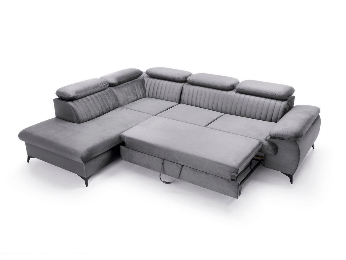 ECKSOFA FIORE Grau Velours-Stoff mit Schlaffunktion - Grau, Holz (275/221cm) - MASSENO