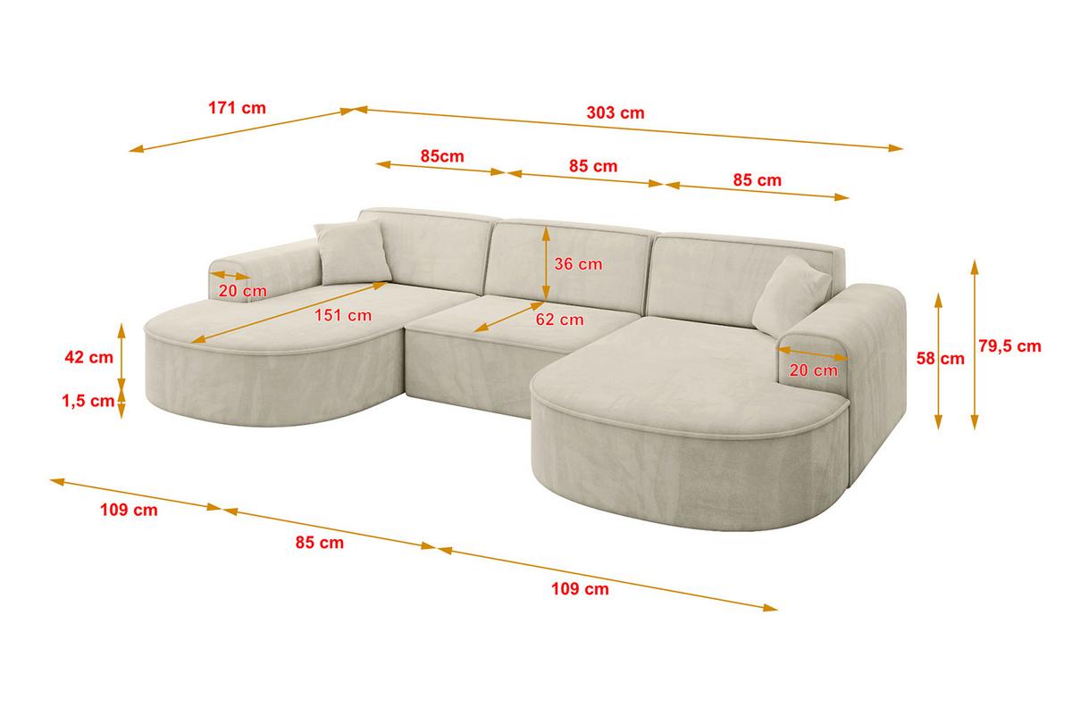WOHNLANDSCHAFT MARI-U1 - 303x171x79 cm Ecru Velours - Ecru/Schwarz, Holzwerkstoff/Kunststoff (303/79/171cm) - ALTDECOR