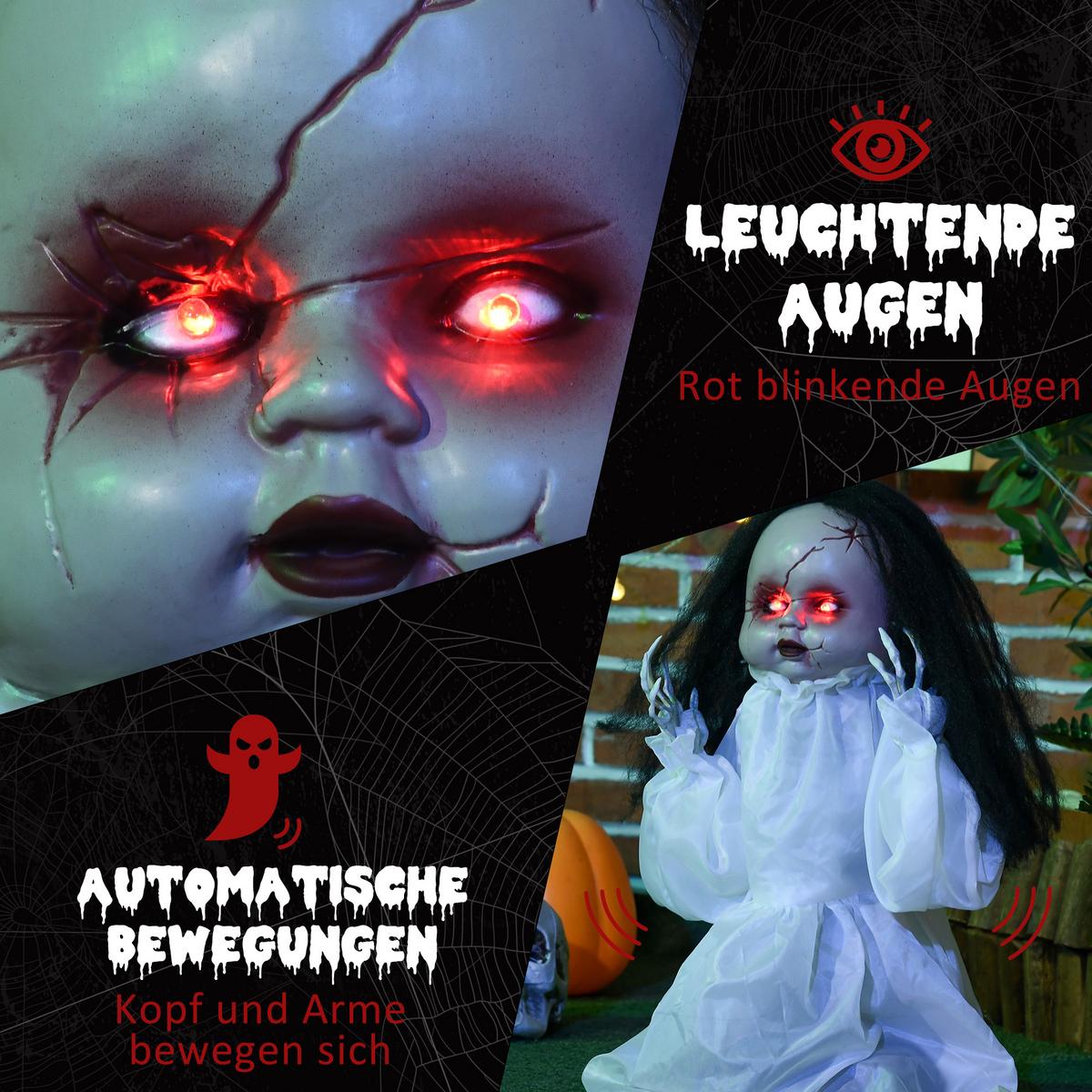 HALLOWEEN Dekoration 60cm Springende Mörderpuppe mit Rote Augen, Soundfunktion - Weiß, Kunststoff (15/60/60cm) - HOMCOM