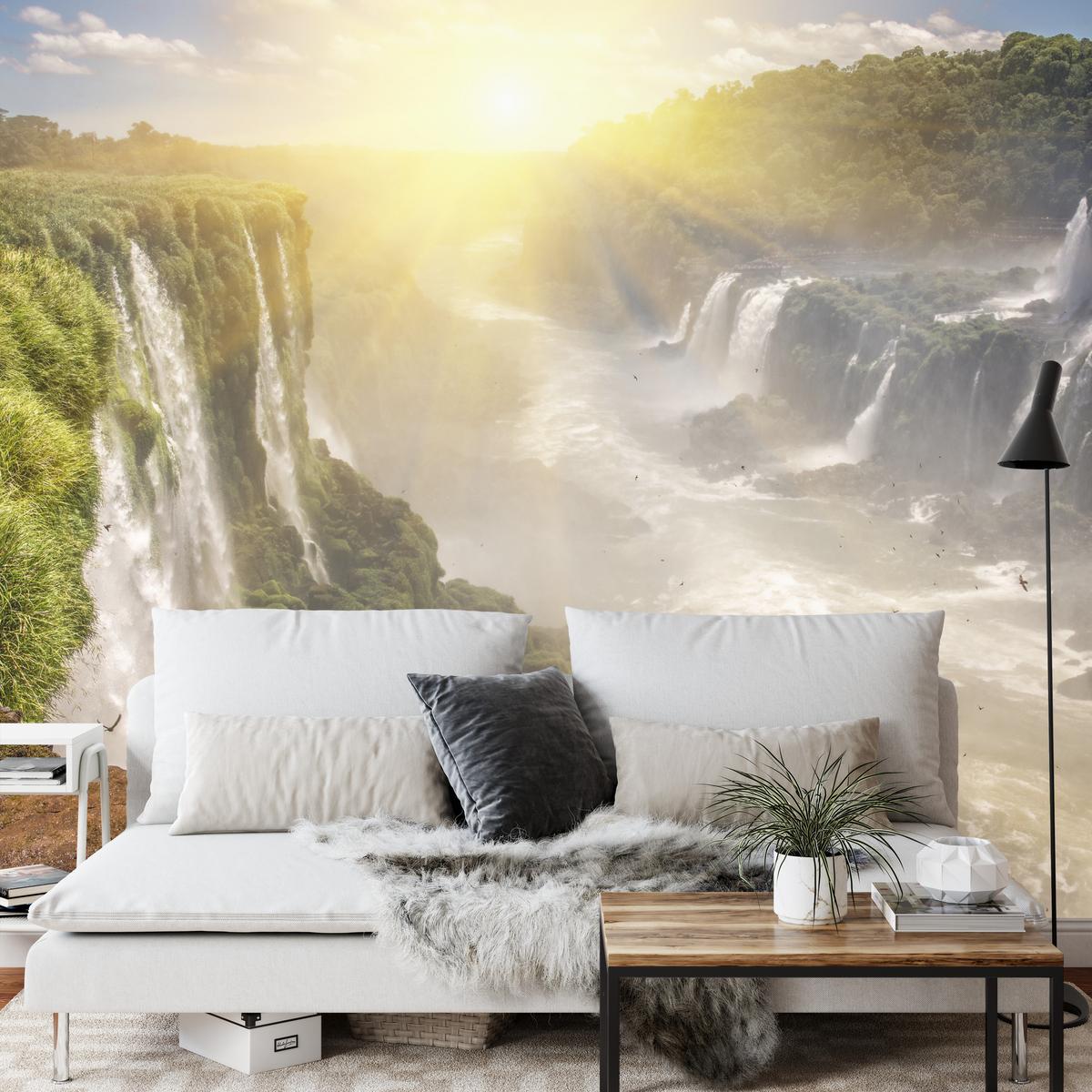 FOTOTAPETE für Wohnzimmer Wasserfall Sonnenaufgang Pflanzen 400x280 - Gelb/Beige, Papier (400/280cm) - Muralo