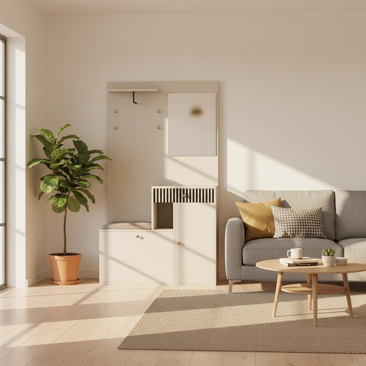 GARDEROBE FÜR FLUR - kombischrank mit Spiegel, Sitzbank und Stauraum - Beige, Glas/Holzwerkstoff (110/186/37cm) - Urban Meuble