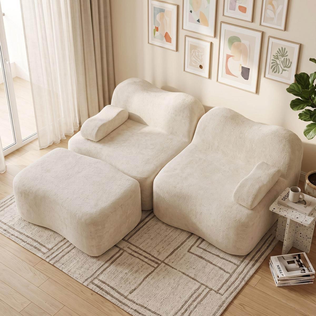 ECKSOFA L-Form Boneless Samt mit Ottoman - Beige, Textil (192/167cm) - Urban Meuble