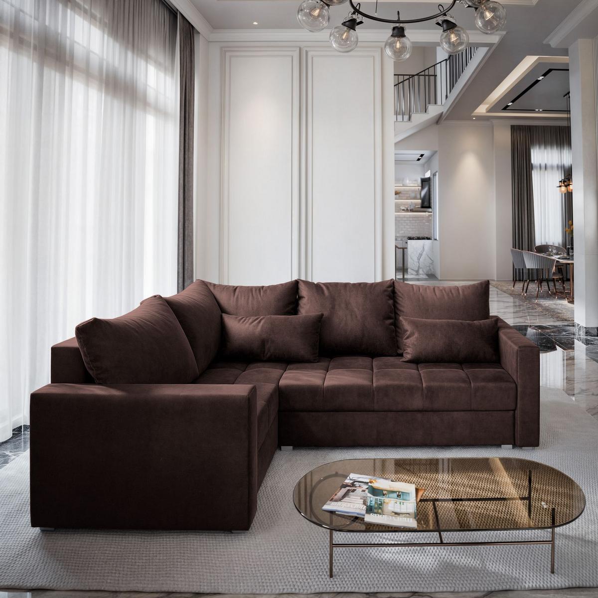 ECKSOFA LIRENO L-S Braun Plüsch-Stoff mit Schlaffunktion - Braun/Grau, Holz/Kunststoff (220/153cm) - MASSENO