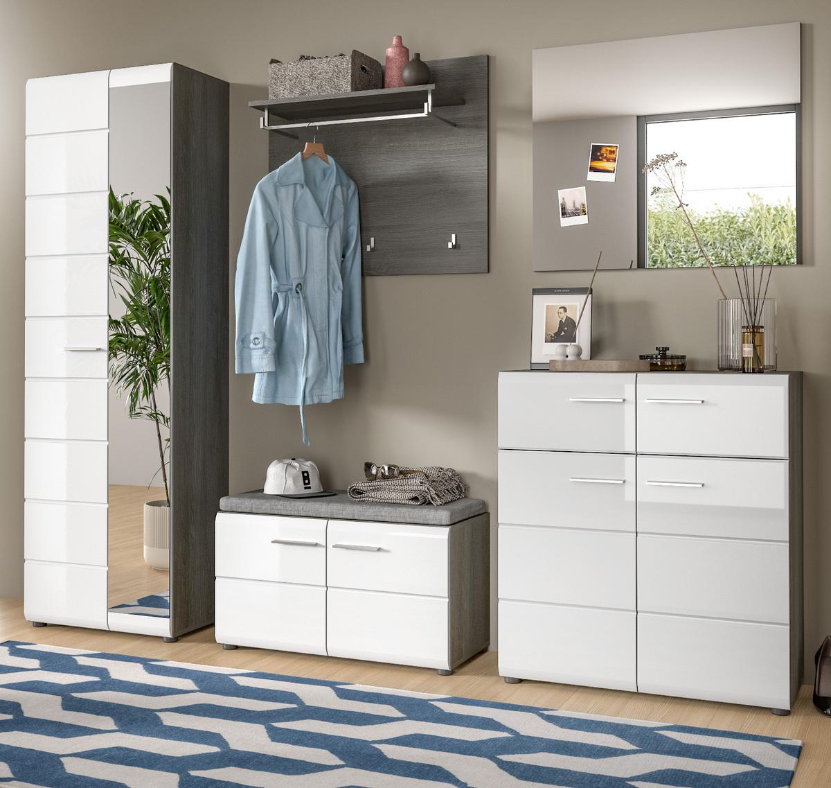 GARDEROBE Set 5-teilig weiß Hochglanz, grau 250 cm, Komplettset mit viel Stauraum - Weiß Hochglanz/Silberfarben, Glas/Holzwerkstoff (250/192/37cm) - Inn.Furn