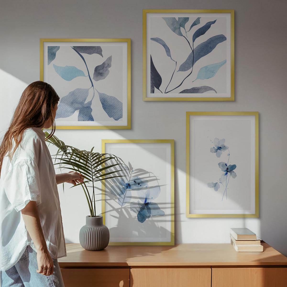 BILDER SET 4er Set - 50x50 cm & 40x60 cm Goldrahmen - Minimalistische blaue Blumen - Goldfarben, Kunststoff (50/50cm) - TULUP