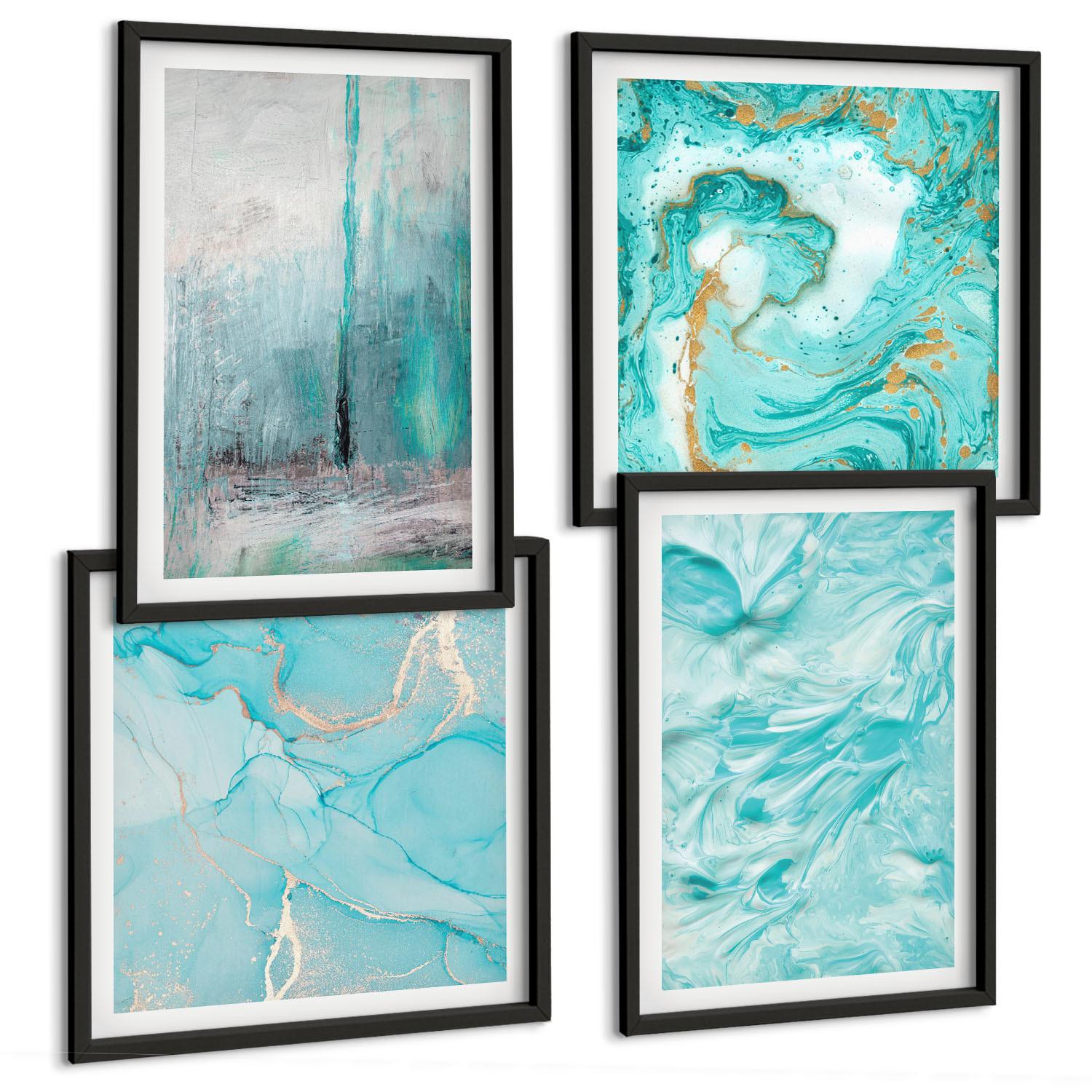 BILDER SET 4er Set - 50x50 cm & 40x60 cm Schwarzer Rahmen - abstrakte Muster in Blautönen - Schwarz, Kunststoff (50/50cm) - TULUP
