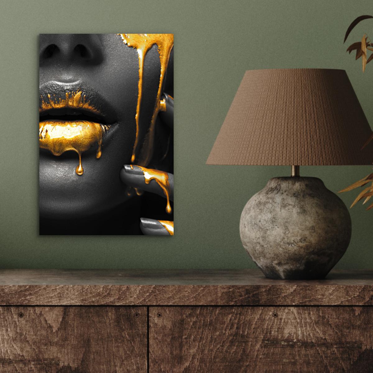 METALLBILD Frau - Schwarz - Gold - Gesicht - Lippen 20x30 cm - Goldfarben, Metall (20/30cm) - MuchoWow