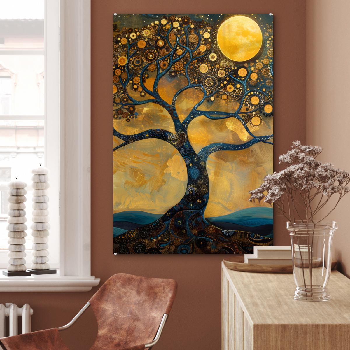 ACRYLGLASBILD Baum - Mond - Blumen - Gold - Kunst 80x120 cm - Orange, Glas (80/120cm) - MuchoWow