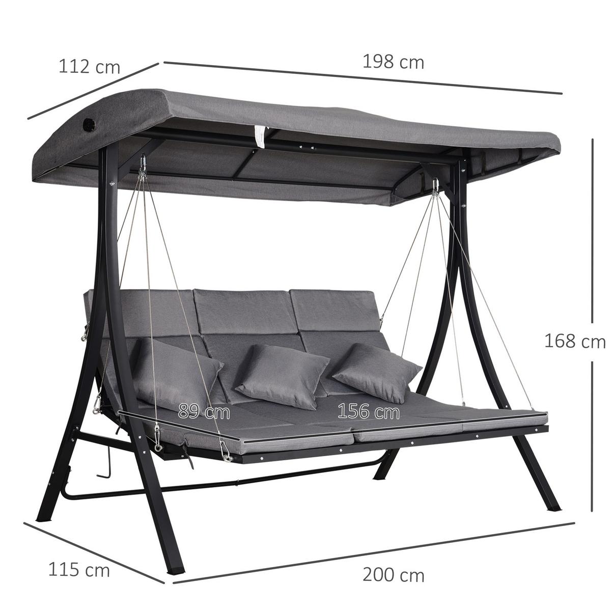HOLLYWOODSCHAUKEL, mit Sonnendach,Metall, Texteline, Grau, 200 x 115 x 168 cm - Grau, Metall (115/168/200cm) - Outsunny