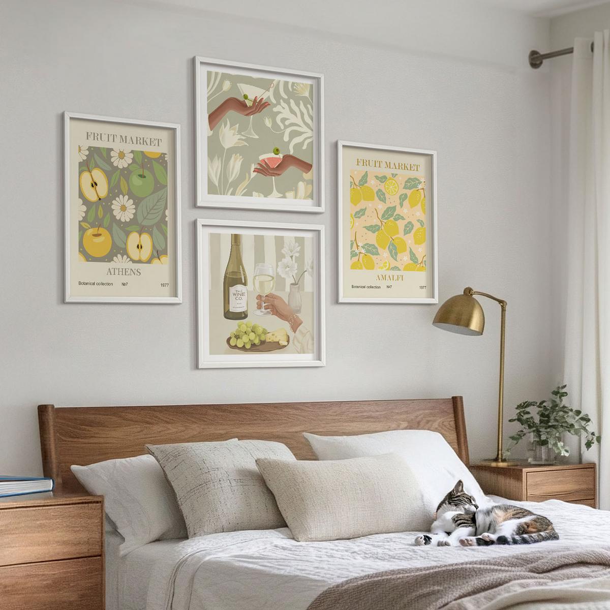BILDER SET 4er Set - 50x50 cm & 40x60 cm Weißer Rahmen - Fruchtige Muster italienischer Wein - Weiß, Kunststoff (50/50cm) - TULUP