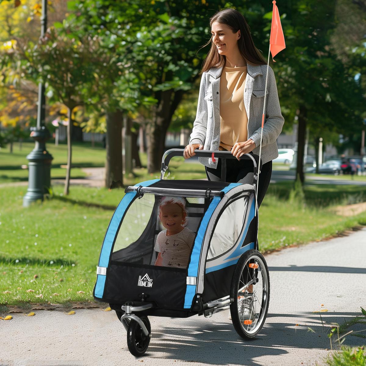 2 in 1 Kinderfahrradanhänger, Kinderanhänger, Fahrradanhänger, Blau - Blau, Metall (75/101/142cm) - HOMCOM