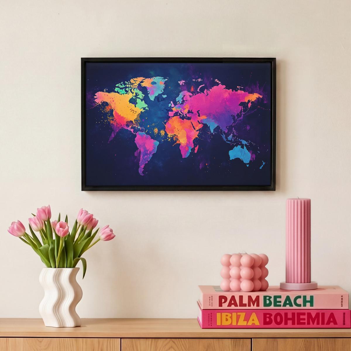 LEINWAND Bilder mit Rahmen - Weltkarte - Bunt - Graffiti - 30x20 - Multicolor, Textil (30/20cm) - MuchoWow