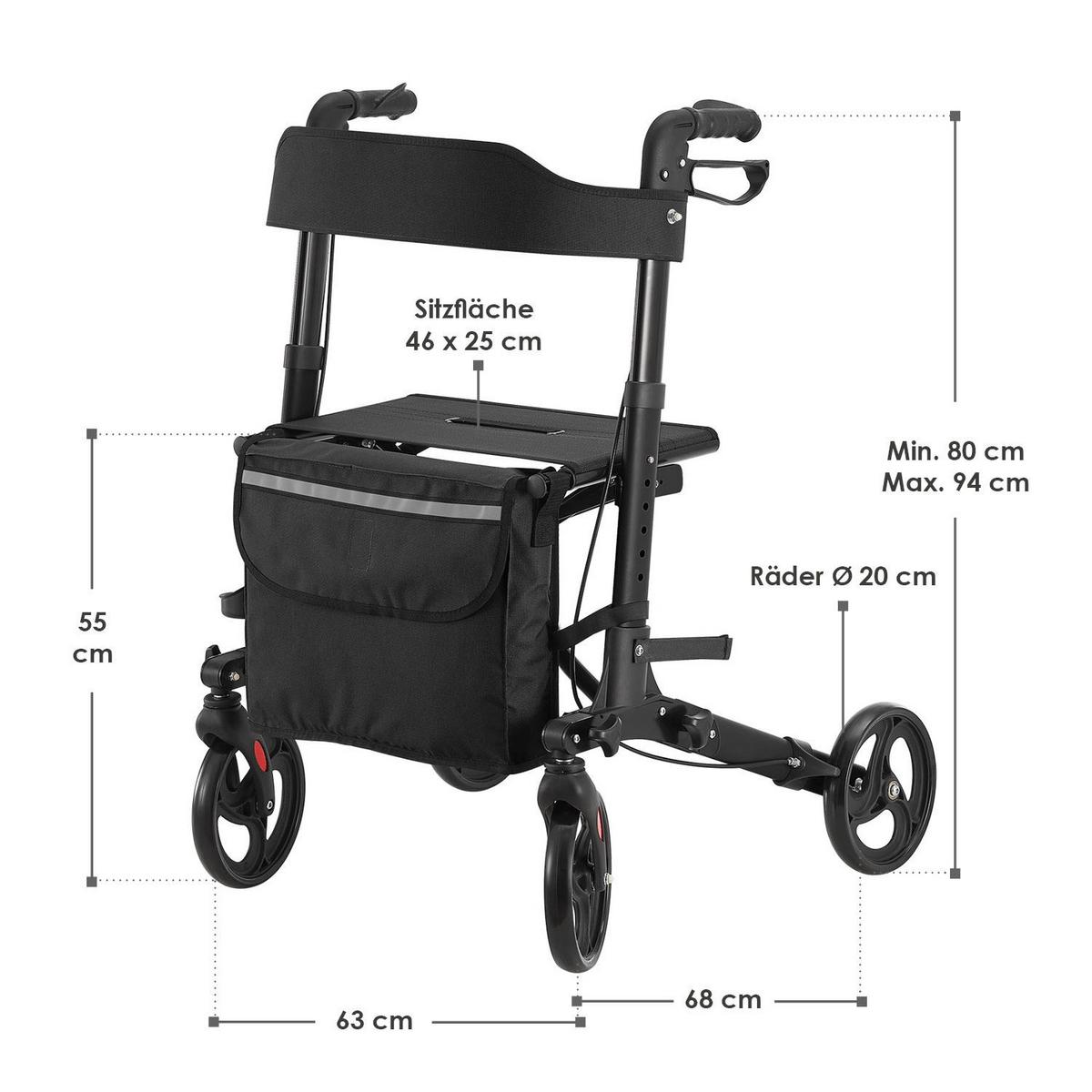 ROLLATOR Vital schwarz klappbar mit Sitzfläche & Einkaufstasche - Schwarz, Metall (63/80/68cm) - Juskys