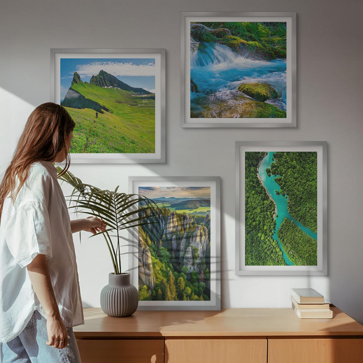 BILDER SET 4er Set - 50x50 cm & 40x60 cm Silberner Rahmen - Grüne Berge, Flussfelsen - Silberfarben, Kunststoff (50/50cm) - TULUP