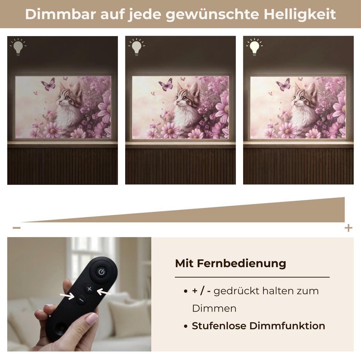 WANDLEUCHTE MIT AKKU Kätzchen - Blumen - Schmetterlinge - Lila 60x40 cm - Altrosa, Holzwerkstoff (60/40/8cm) - OnlyWow