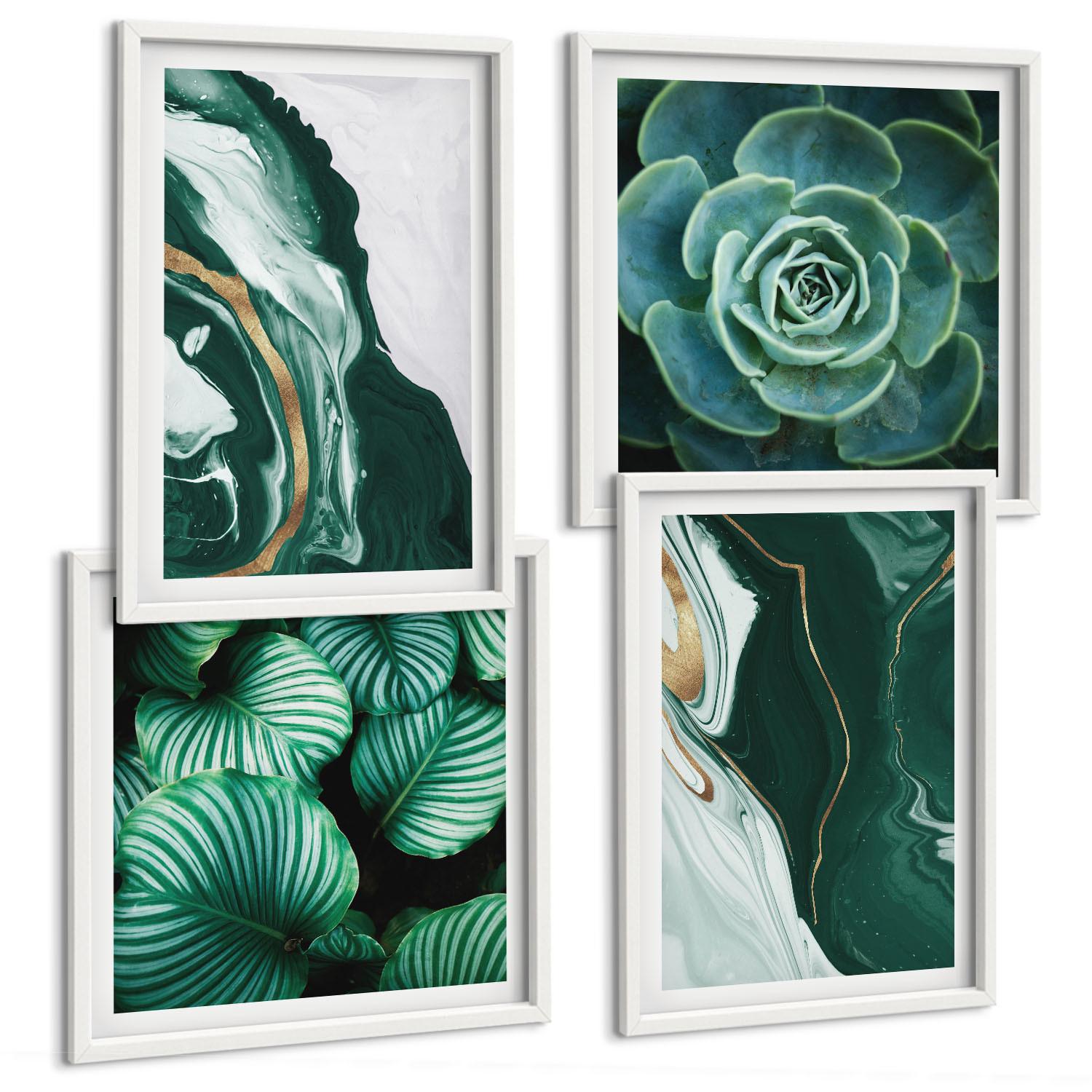 BILDER SET 4er Set - 50x50 cm & 40x60 cm Weißer Rahmen - Abstrakte Muster von Sukkulentenblättern - Weiß, Kunststoff (50/50cm) - TULUP