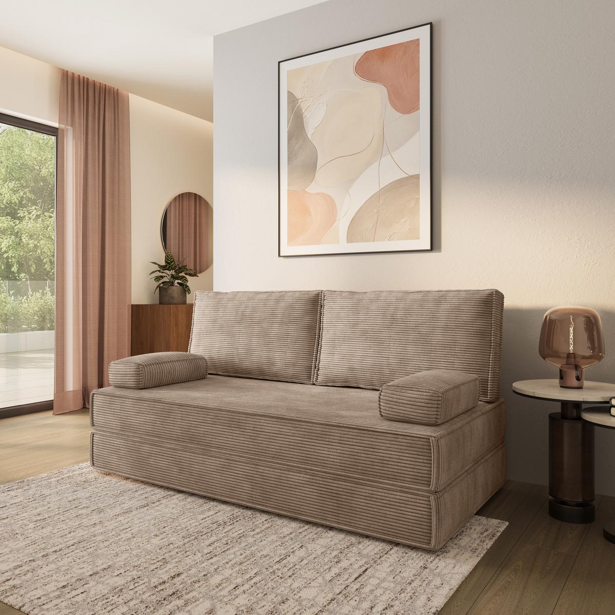 BETTSOFA SILAR aus Schaumstoff Kordstoff Beige Schlaffunktion - Beige, Textil (170/86/80cm) - MASSENO