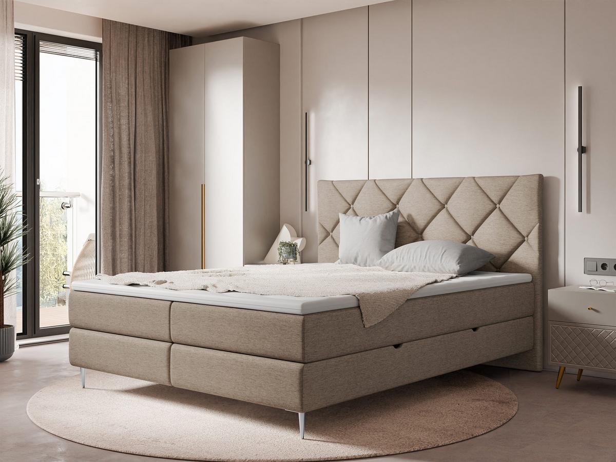 BOXBETT Letra - H3 - Hellbraun/Chromfarben, Holz/Textil (180/200cm) - MIRJAN24