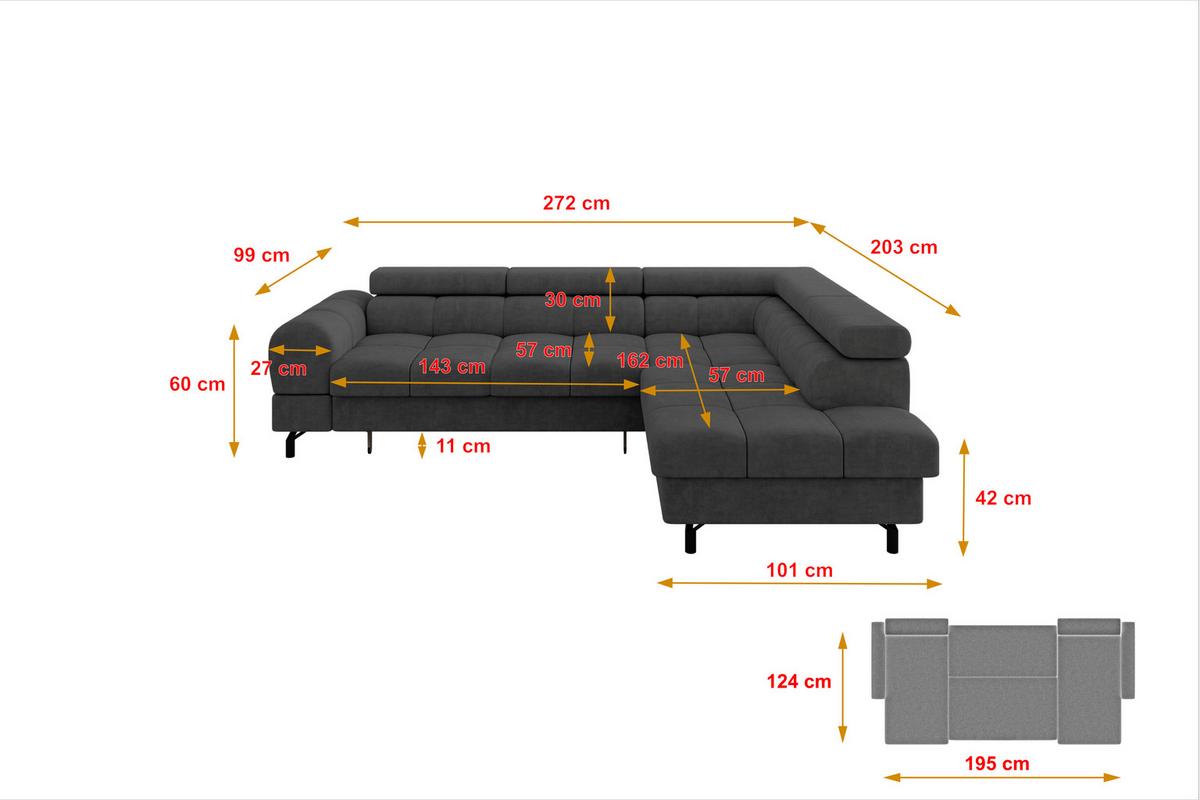 ECKSOFA mit Schlaffunktion Ottomane Rechts LUMA-L 272x203x70 Dunkelgrau Velours - Dunkelgrau/Schwarz, Holzwerkstoff/Kunststoff (203/272cm) - ALTDECOR