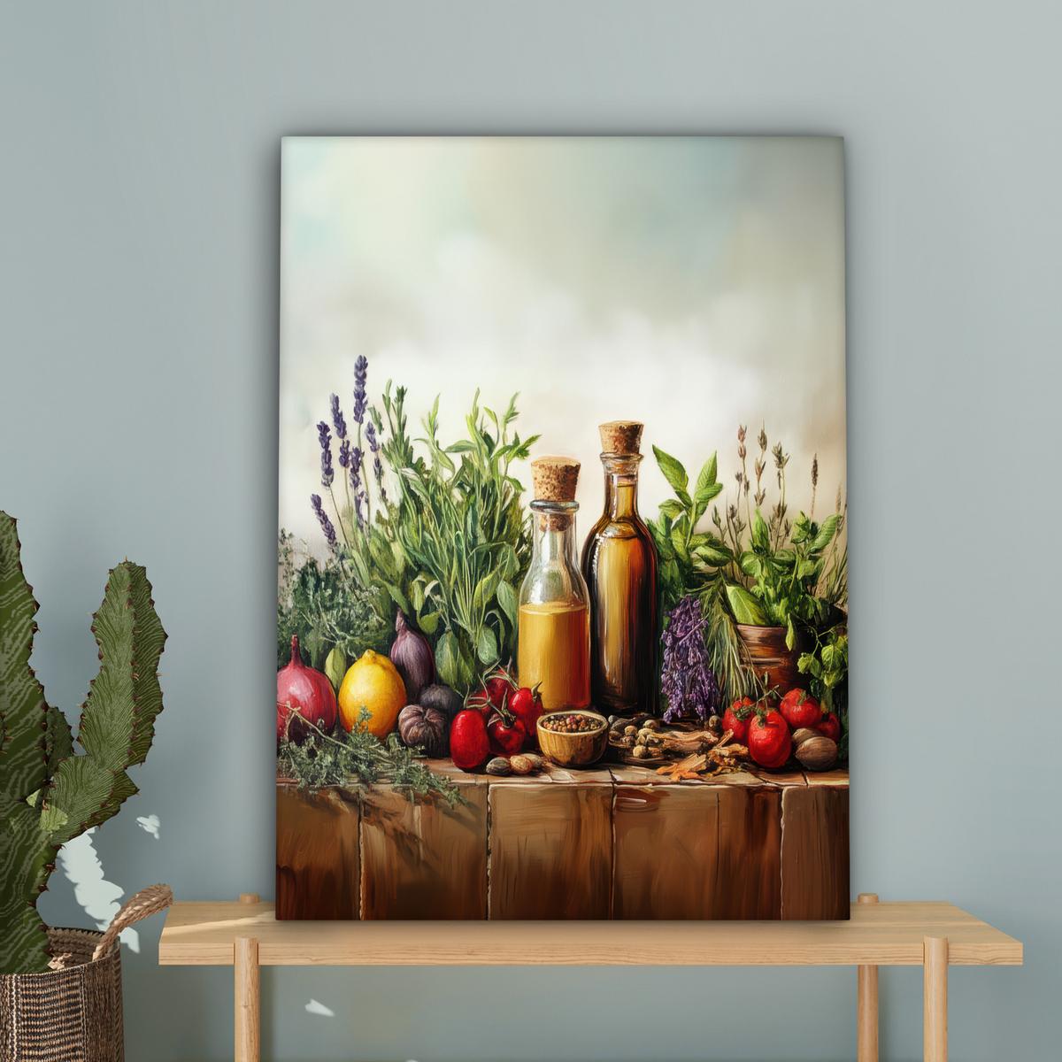 LEINWANDBILD Stilleben - Kräuter - Gewürze - Früchte - Farbenfroh Wandbild Wohnzimmer 60x80 cm - Grün, Textil (60/80cm) - MuchoWow