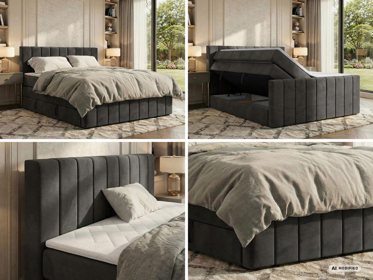 BOXSPRINGBETT ALVER KING DUO 200/200 - Dunkelgrau Velvet - Topper T25 - H3 - Dunkelgrau/Schwarz, Kunststoff/Textil (200/200cm) - MKS